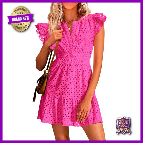Eyelet Cap Sleeve V Neck Short Boho Sundress Fit and Flare Summer Dress